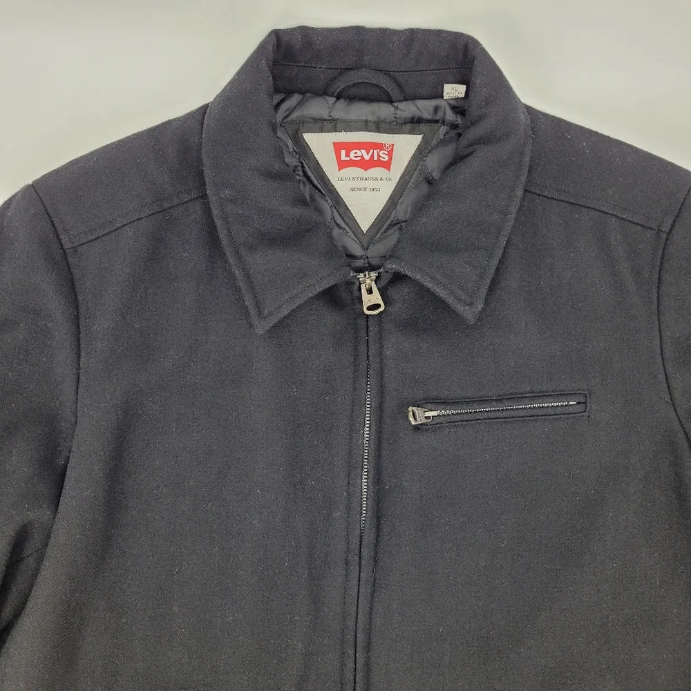 Levi's Coat Black Wool Blend Full Zip Pockets Collar Quilted Lined Mens Size XL